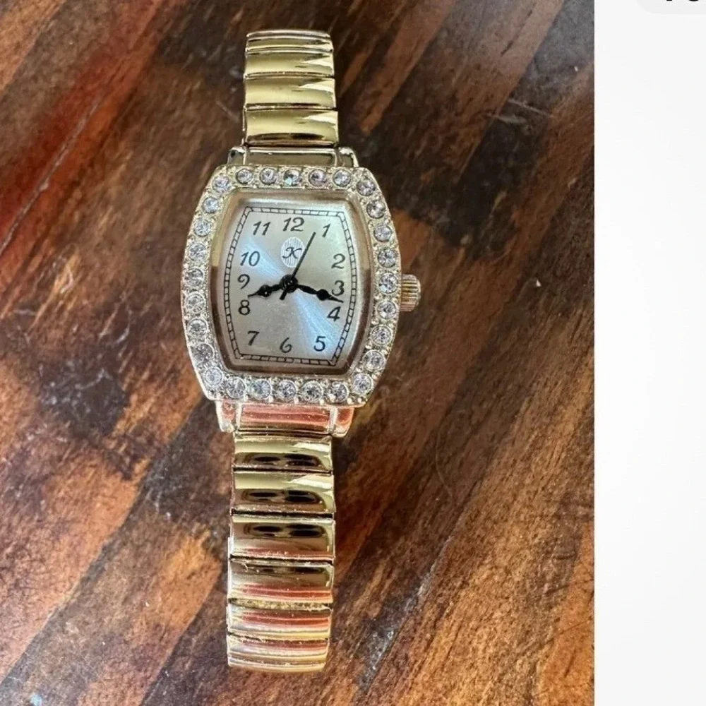 Analog Watch Rhinestone Bezel Quartz Gold Stainless‎ Steel Flex Band WORKING